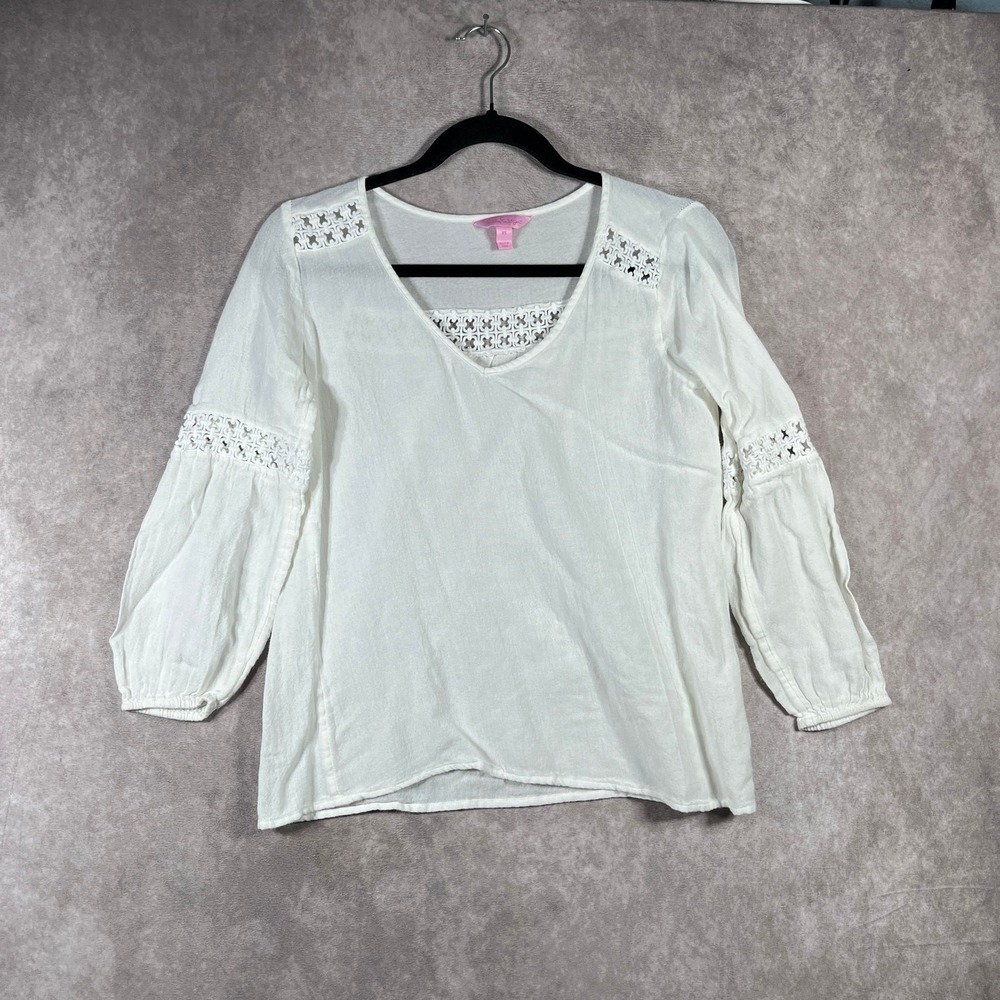 Lilly Pulitzer Top Womens Size XS White Crochet Inset Sheer V-Neck Casual Beach